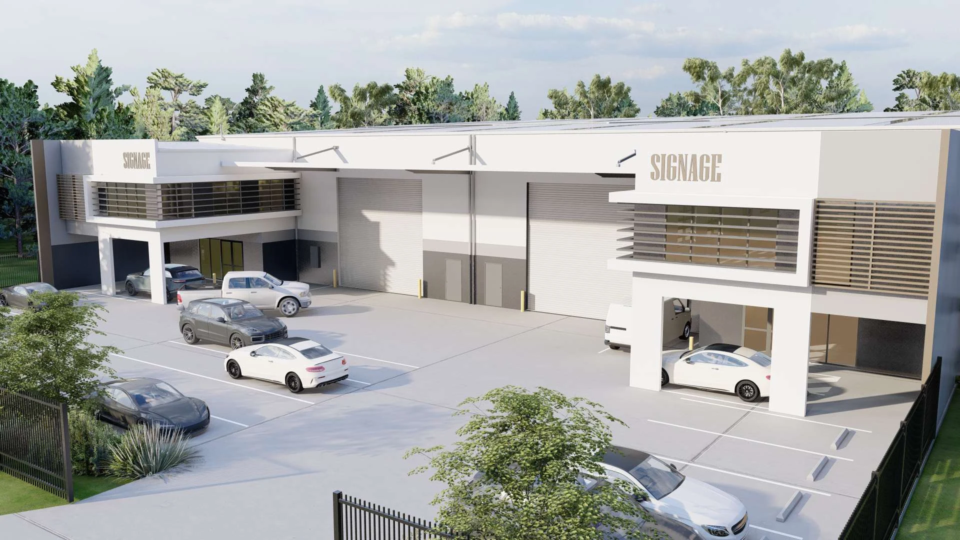 Architectural impression of the front loading access and office façades