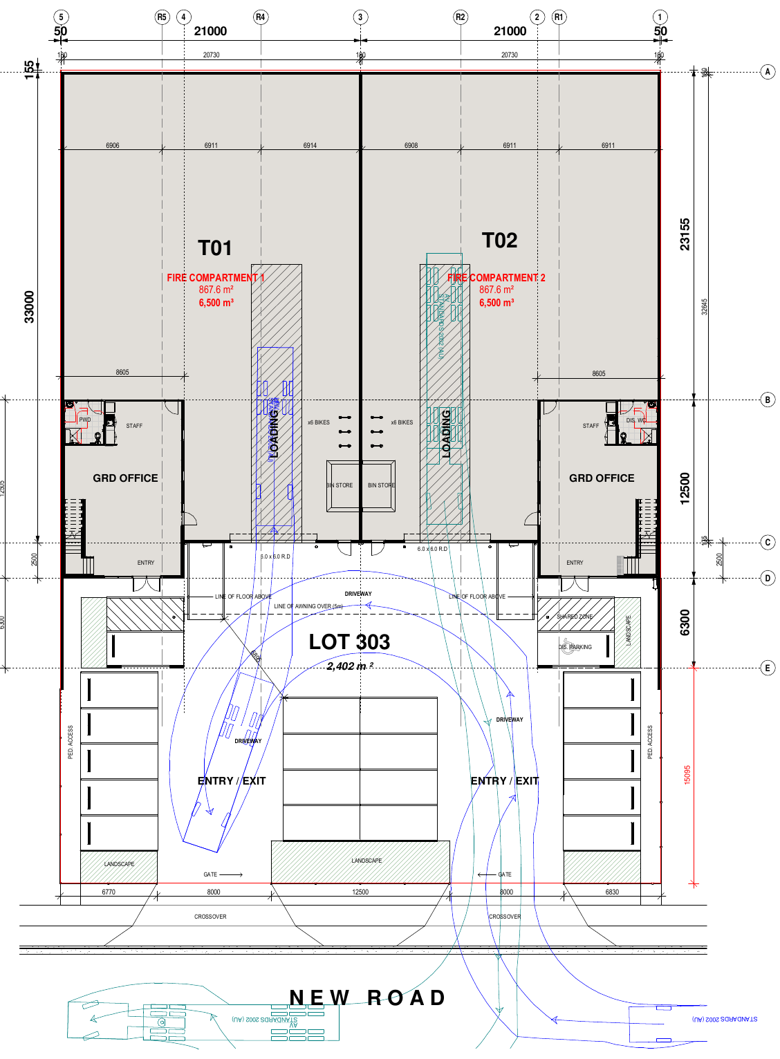 Concept site and ground-floor plan showing T01 and T02, loading paths and parking