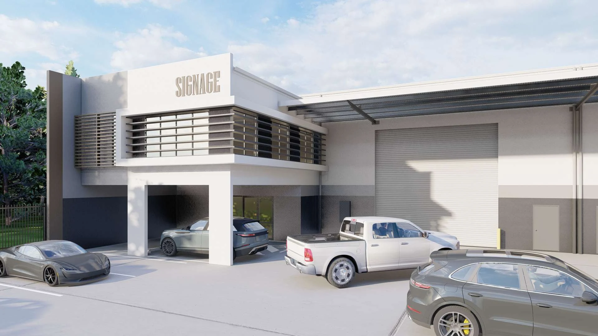 Architectural impression of an office entrance and roller door