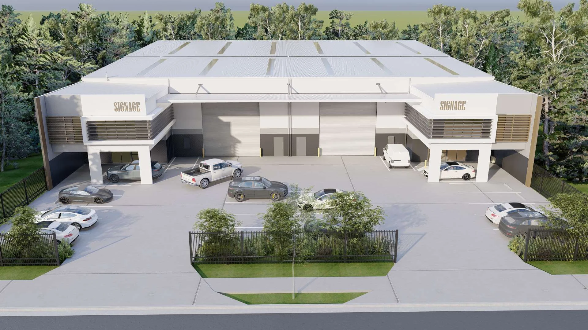 Elevated architectural impression showing the two units and front parking area